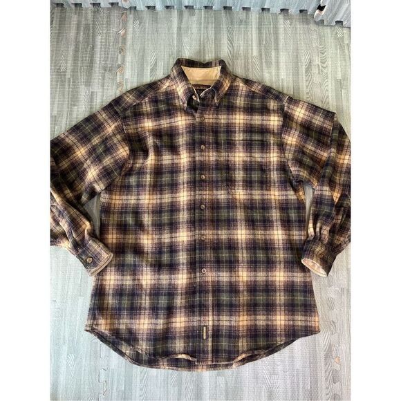 Vintage Woolrich Flannel Button Up Shirt Men's Plaid Brown Long Sleeve Size L - Picture 1 of 6